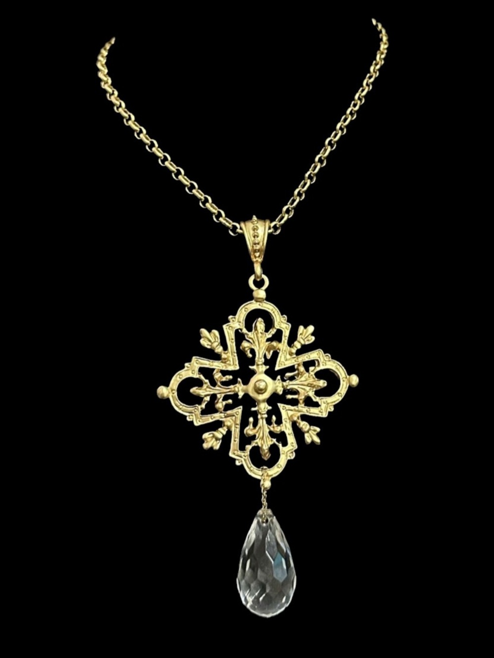 Gold Filigree Cross Pendant Necklace with Clear Teardrop